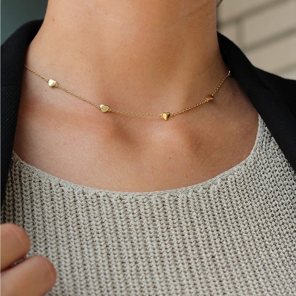 GOLD 14k Gold Plated Heart Charm Choker Necklace